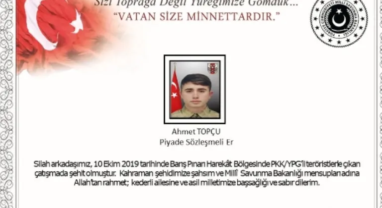 Barış Pınarı Harekatı’nda Bir Askerimiz Şehit Düştü